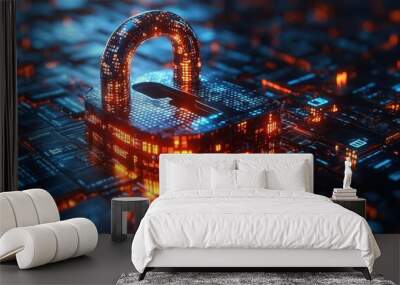 digital padlock on an abstract security technology background featuring blue tones and binary code that emphasize themes of protection and cybersecurity Wall mural