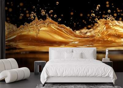 dramatic splash of golden lubricant oil highspeed capture freezing liquid in midair droplets and tendrils forming abstract shapes sleek and glossy on dark background Wall mural