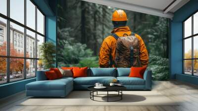 ecoconscious forestry worker amid lush greenery vibrant safety gear contrasts with rich forest tones highlighting sustainable industry practices Wall mural