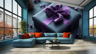 elegant dark gift box with deep purple satin ribbon on obsidian background moody lighting accentuates luxurious textures soft shadows create depth and mystery Wall mural