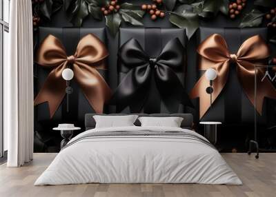 elegant noir gift set with lustrous satin bows on ebony backdrop luxurious holiday presents minimalist composition chic christmas or birthday packaging flat lay perspective Wall mural