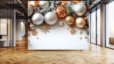 elegant silver and gold christmas ornaments artfully arranged on crisp white background mix of shiny baubles delicate snowflakes and glittering ribbons festive luxury with a modern twist Wall mural