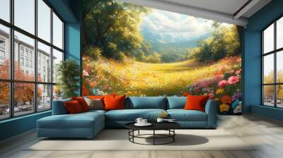 enchanted spring meadow bursts with colorful blooms sunlight filters through lush trees casting dappled shadows vibrant flora paints idyllic natural paradise Wall mural