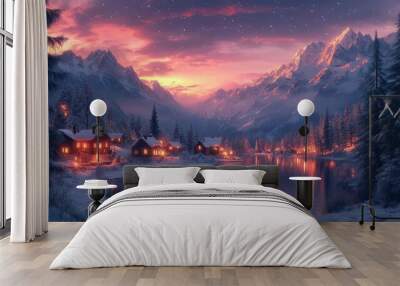 enchanted winter village nestled in snowy peaks glowing cottages amid frosted evergreens ethereal aurora borealis illuminating the night sky digital fantasy landscape Wall mural