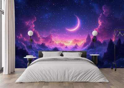 enchanting night sky scene crescent moon illuminating wispy clouds twinkling stars deep purple and indigo gradient background Wall mural