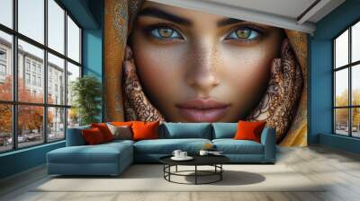 enigmatic portrait of veiled arab woman with captivating gaze intricate henna designs adorn her hands rich fabrics frame her face embodying beauty and mystery of middle eastern culture Wall mural