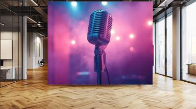 ethereal podcast studio sleek microphone silhouette against dreamy pinkpurple gradient soft lighting minimalist design tranquil atmosphere for creative audio storytelling Wall mural