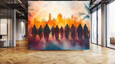 evocative watercolor illustration depicting jesus entering jerusalem on palm sunday soft ethereal brushstrokes and warm colors create a spiritual and timeless biblical scene Wall mural