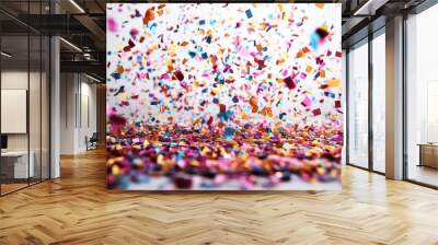 exuberant burst of colorful confetti frozen in midair against a crisp white background capturing a moment of joy and celebration Wall mural