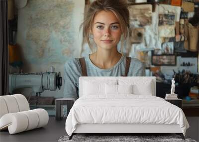 fashion designer working with a sewing machine, surrounded by fabrics and materials, illustrating the creative process and dedication to garment production in a cozy studio Wall mural