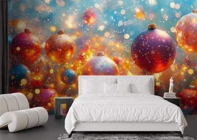 festive christmas wallpaper with a kaleidoscope of colorful ornaments twinkling lights and whimsical holiday motifs in a cheerful illustration style Wall mural