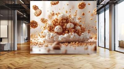 flying pile of cake crumbs with cookies in midair against a clean white background capturing the playful essence of baking and the joy of sweet treats Wall mural