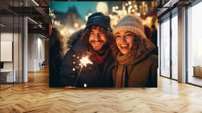 Friends with bengal sparkler at party at Christmas market outside. Wall mural