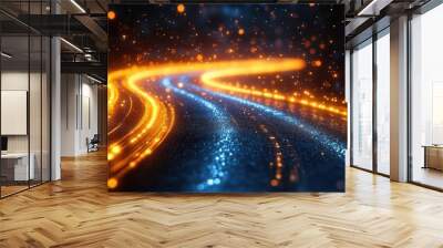 futuristic abstract swirling gold and blue neon lines create highspeed light trails against dark background bokeh effects and dynamic movement evoke data transfer concept Wall mural