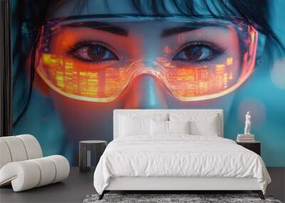 futuristic anime cyberpunk heroine portrait neonlit cityscape reflection in visor sleek techenhanced outfit Wall mural