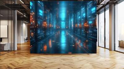 futuristic data center with holographic interfaces glowing fiber optic networks floating translucent servers ethereal blue light abstract binary streams Wall mural