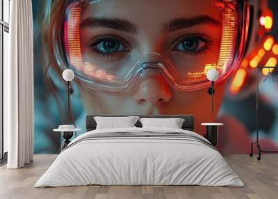 futuristic female factory worker with holographic hud helmet robotic arms in background neonlit production line Wall mural