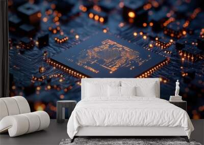 futuristic microchip with glowing circuitry and embedded ai text intricate details and cool blue tones convey advanced technology and the dawn of artificial intelligence Wall mural