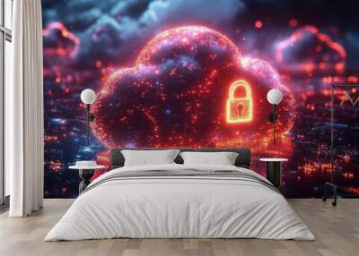 futuristic neon cloud icon with a glowing padlock symbolizing data security abstract digital background with binary code and network connections Wall mural