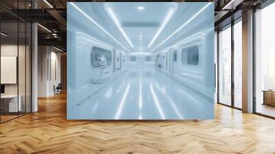 futuristic pharmaceutical clean room robotic arms holographic interfaces sterile white and chrome aesthetic Wall mural