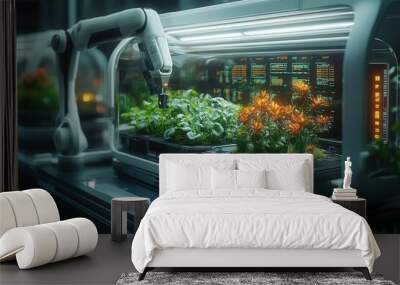 futuristic plant growth station with holographic displays and robotic arms tending to vibrant glowing flora in a sleek minimalist laboratory setting Wall mural