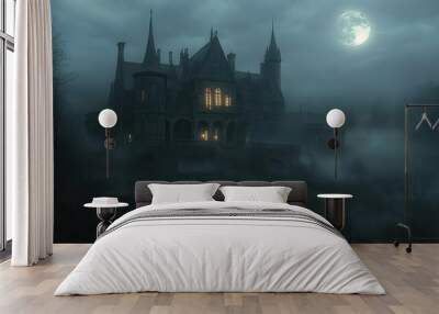 haunting moonlit mansion shrouded in eerie mist gothic architecture with twisted spires ghostly aura pervading overgrown grounds perfect for horror ambiance Wall mural