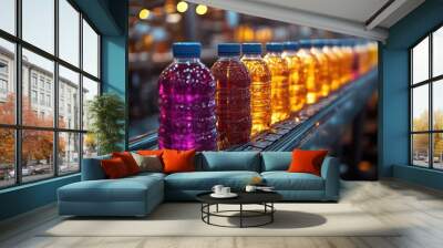 hightech beverage production line with gleaming stainless steel machinery conveyor belts transporting colorful bottles in precise formation Wall mural