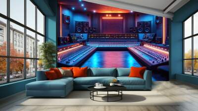 hightech recording studio control room sleek mixing console with glowing led displays wall of speakers and monitors moody lighting with blue accents stateoftheart audio equipment Wall mural