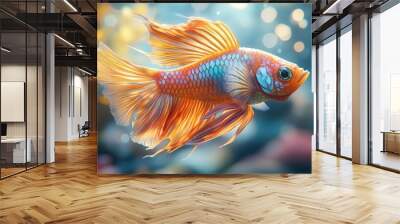 hyperrealistic 3d rendering of an exotic fish in motion vibrant scales shimmer with iridescent colors fins flared dramatically as it swims through crystalclear water Wall mural