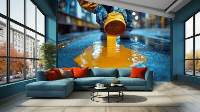 industrial scene of worker pouring vibrant yellow epoxy resin onto concrete floor closeup of glossy liquid flow protective gear warehouse setting renovation concept Wall mural