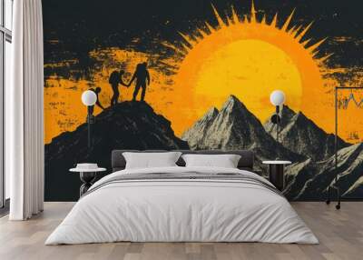 inspiring handdrawn logo concept two figures helping each other reach mountain summit radiant sun behind peak symbolizes achievement uplifting teamwork and unity message Wall mural