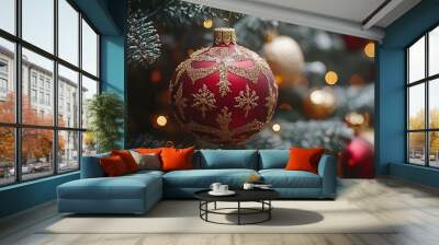 intimate closeup of a beautifully decorated christmas tree showcasing intricate ornaments and twinkling lights captures the magic and warmth of holiday traditions Wall mural