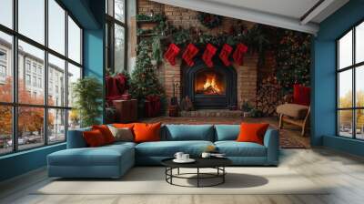 inviting fireplace adorned with festive decorations casting warm glow on cozy interior christmas stockings and greenery create intimate holiday atmosphere Wall mural