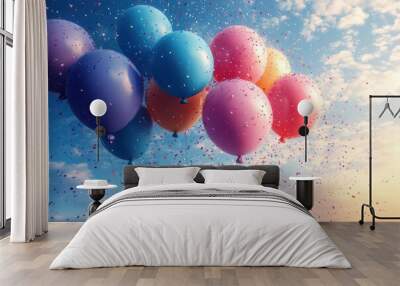 joyful explosion of colorful balloons and confetti against a gradient sky background festive and uplifting celebration scene Wall mural