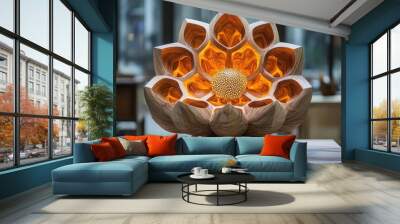 kaleidoscopic hexagonal wooden sculpture geometric autumninspired art piece front view intricate patterns warm wood tones soft lighting Wall mural