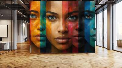 kaleidoscopic portrait collage featuring diverse faces vibrant colors and overlapping geometric shapes representing global unity Wall mural