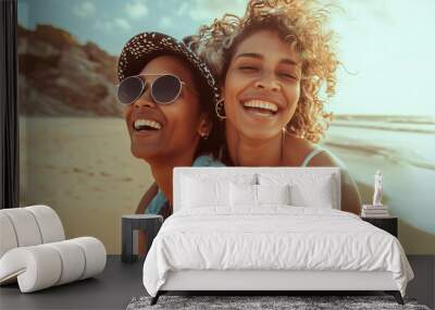 lesbian couple have fun at beach seaside.  gay women hug outdoor with adventure and freedom to love.  Wall mural