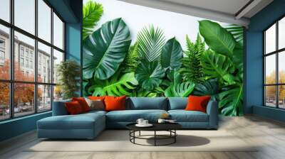 lush tropical foliage diverse array of exotic leaves and fronds creating natural green tapestry isolated on white for versatile design use Wall mural