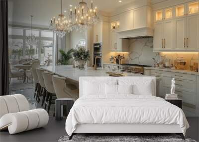 luxurious white kitchen with marble island and gilded accents crystal chandelier casting warm light over modern appliances and elegant dining area Wall mural