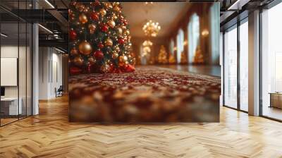 magical christmas scene with ornate tree aglow bokeh lights creating dreamy atmosphere gold and red decorations warm inviting ambiance Wall mural