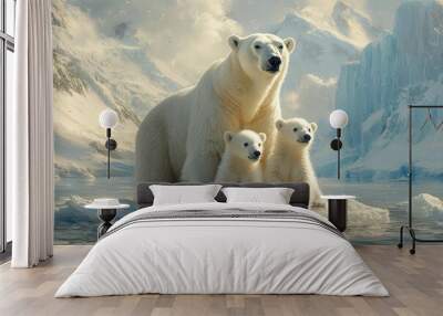 majestic polar bear mother nuzzling two playful cubs amidst a pristine arctic landscape of glistening snow and towering ice formations Wall mural