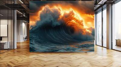 massive ocean wave curling dramatically turbulent sea during storm spray catching sunlight moody sky backdrop Wall mural