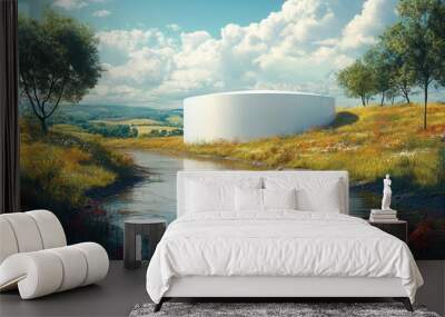 minimalist illustration of large white water tank with visible leak flowing water clean lines muted colors rural setting environmental conservation concept Wall mural