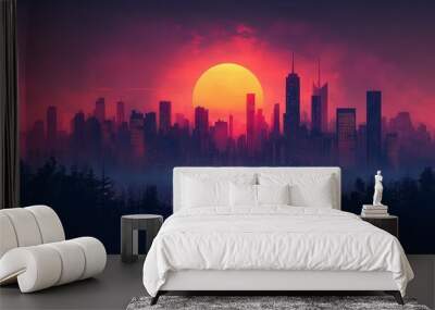 minimalist vector illustration of a cityscape at sunrise clean lines and geometric shapes create a stylized skyline warm gradient colors in the sky Wall mural