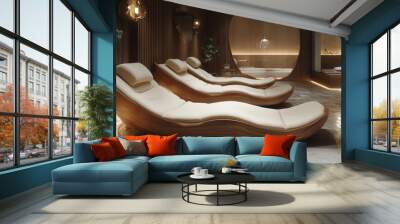 modern wooden lounge chair with plush beige cushions in a serene interior warm lighting creating a cozy retirement ambiance Wall mural