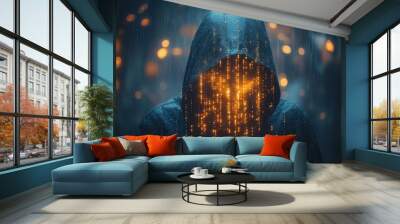 mysterious hacker silhouette amid glowing lines of code dark atmospheric composition with eerie blue light illuminating anonymous figure concept of cybercrime and digital threats Wall mural