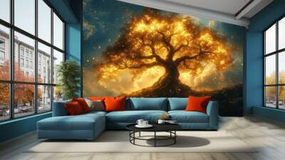 mystical tree of life illustration ancient gnarled tree with sprawling branches emanating divine golden light roots deep in earth reaching towards starfilled sky Wall mural