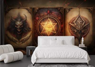 Occult Grimoire with Pentagram and Dark Symbols on Ancient Book Covers Wall mural