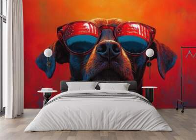 patriotic dog wearing reflective sunglasses with american flag mirrored in lenses vibrant red white and blue color scheme creates a bold composition Wall mural