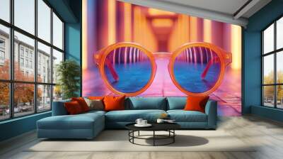 pop art collage retro sunglasses floating in space vibrant neon colors geometric shapes 80sinspired patterns Wall mural